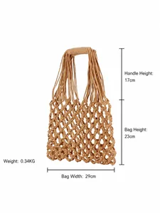 Handmade woven cotton rope bag in khaki showing dimensions 29x23cm and handle height 17cm