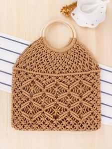 Borsa da spiaggia intrecciata in cotone fatta a mano con manici in legno tondi