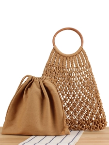 Handmade Cotton Rope Woven Handbag With Rattan Handles And Fabric Inner Pouch Bohemian Summer Beach Mesh Tote