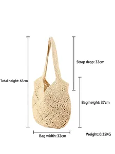 Beige hollow knit tote bag with dimensions 32x37cm and long shoulder straps