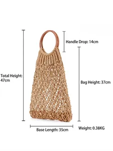 Handmade woven cotton rope tote bag with round wooden handles for summer beach vacations