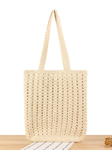 Sac fourre-tout en crochet beige minimaliste avec motif géométrique ajouré quotidien