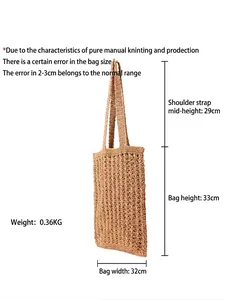 Sac fourre-tout en coton crocheté fait main beige clair avec dimensions détaillées