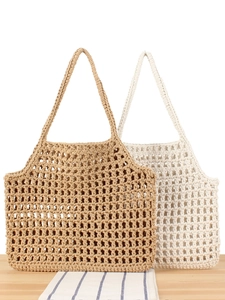Woven Cotton Rope Handbag Hollow Out Crochet Net Tote Bag Casual Beach Vacation Shoulder Bag For Women