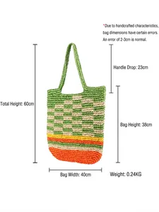 Contrast color woven straw tote bag with dimensions 40cm x 38cm for daily casual use