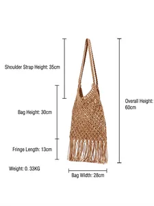 Sac de plage tressé à la main avec franges et spécifications de dimensions détaillées