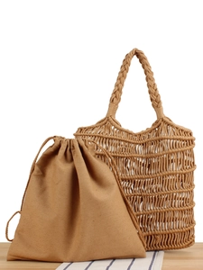 Handwoven Cotton Rope Tote Bag Bohemian Mesh Crochet Handbag With Inner Pouch For Women Beach Vacation Casual