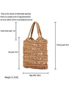 Handmade cotton rope mesh tote bag in khaki with dimensions and weight measurements