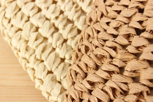 Detail of hand-woven paper rope bag showing natural ivory and brown fiber textures