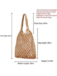Handwoven khaki mesh tote bag with minimalist hollow design and specific dimensions