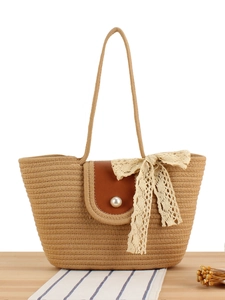 Sac Cabas En Corde De Coton Tissé Avec Noeud En Dentelle Künstliche Perle Rabat En Cuir Sac À Main De Vacances À La Plage Grande Capacité Pour Femmes