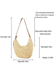 Handmade woven paper rope hobo bag with adjustable leather strap in beige