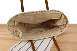 Detail shot of hollow paper rope woven tote with zipper closure and inner pocket