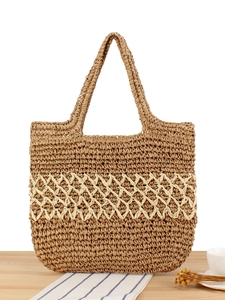 Sac Fourre-Tout Tissé Pour Femmes Sac à Main En Corde De Papier Couleur Contrastée Plage Vacances