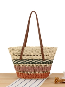 Women Paper Rope Woven Tote Bag Large Capacity Multi-color Striped Bohemian Summer Beach Vacation Shoulder Handbag