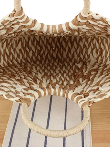 Handmade woven paper straw tote bag with brown and white two-tone wave pattern