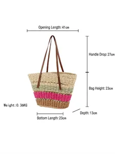 Striped paper straw tote bag with brown handles for bohemian beach vacations
