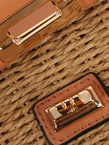 Minimalist paper rope woven square bag with premium leather trim and gold metal hardware