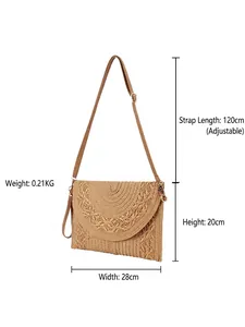 Handwoven paper rope crossbody bag with adjustable strap, 28x20cm envelope tote style