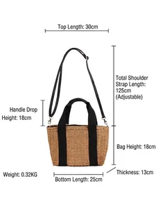 Sac de plage tressé en corde de papier avec poignées noires et dimensions précises