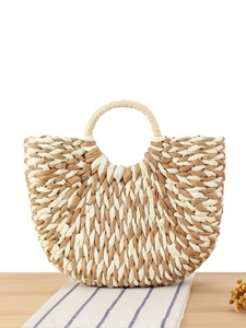 Handmade Woven Handbag Paper Rope Straw Tote Round Handle Semi Circle Beach Vacation Summer Fashion For Women
