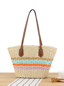 Woven Tote Bag Paper Rope Colorful Striped Large Capacity Shoulder Beach Vacation Straw Handbag Zipper Closure For Women