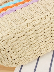 Hollow large capacity paper rope woven shoulder bag with colorful stripes for beach vacation