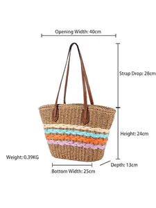 Hollow straw tote bag with colorful woven stripes and brown leather shoulder straps