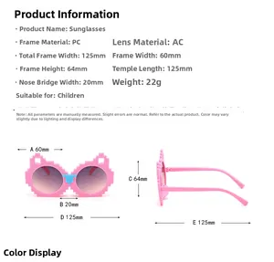 Detailed size chart of pixel style kids sunglasses with frame dimensions and weight