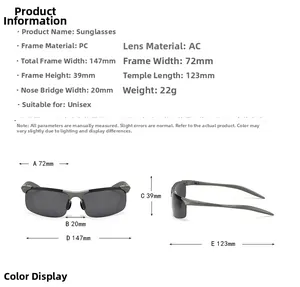 Detailed size chart for polarized sunglasses showing frame dimensions and 22g weight info