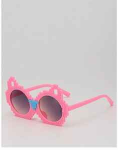 Detailed view of pink pixelated cat-ear sunglasses with blue block bridge accents