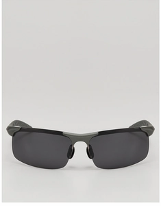 Detail of grey semi-rimless polarized sunglasses with metallic finish and dark lenses