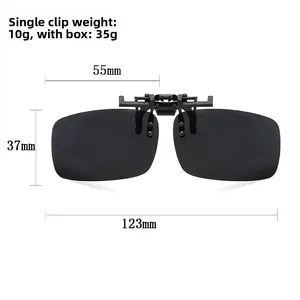 Polarized sunglasses clip-on detail showing 55mm lens width and 10g lightweight design