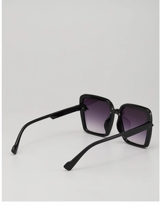Detail showing woven texture temples on black square sunglasses with purple gradient lenses