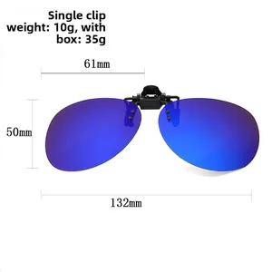 Detailed size chart for polarized clip-on sunglasses showing 10g weight and 61mm lens width