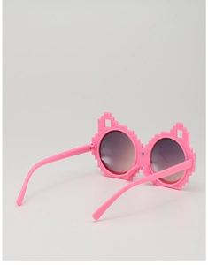 Close-up of pink pixel art sunglasses for kids with round dark gradient lenses