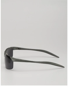 Detail view of semi-rimless polarized sunglasses with ergonomic matte grey temples
