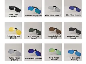 Multiple polarized flip-up sunglasses clip-ons in various shapes and colorful mirror coatings