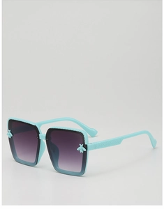 Detail of light blue square kids sunglasses with silver bee accents and textured arms