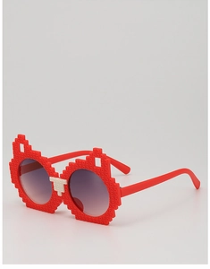 Side view detail of red pixelated building block style sunglasses with round purple lenses