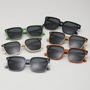 Detail view of six square frame kids sunglasses in various matte and glossy colors