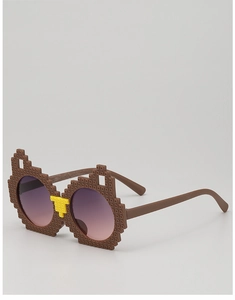Detail of pixel art style sunglasses in brown with purple gradient lenses and yellow accents