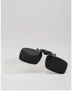 Polarized black clip-on sunglasses with rectangle lenses and portable storage case