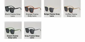 Grid display of six colorful kids square sunglasses including black orange and green