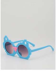 Detail of pixel style light blue kids sunglasses with block texture and brown lenses