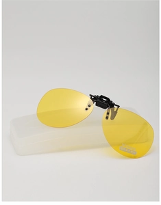 Detail view of yellow polarized clip-on sunglasses with TAC lenses and storage case