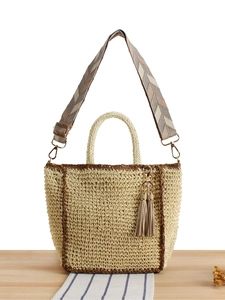 Handmade Woven Tote Bag Paper Straw Geometric Wide Shoulder Strap Tassel Casual Vacation Beach Handbag For Women