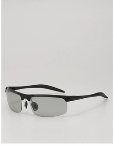 Detail view of black semi-rimless polarized sunglasses frame with grey reflective lenses