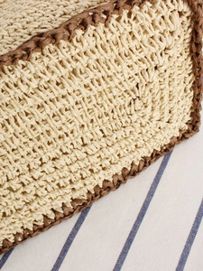 Beige paper rope woven bag with brown trim detail for beach holiday and casual style