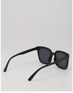 Side view of matte black square frame kids sunglasses with dark grey lenses